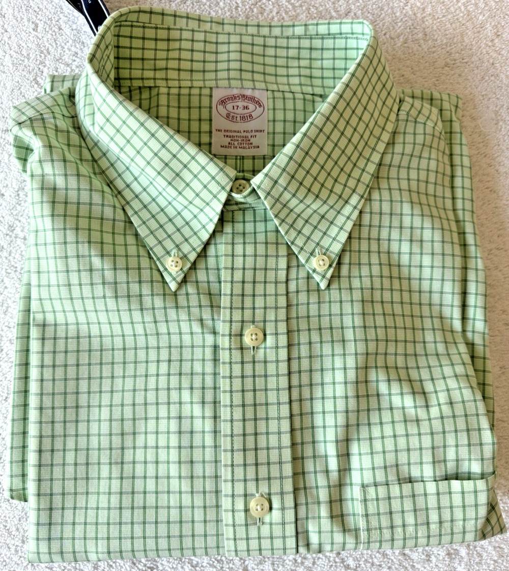 NWT Brooks Brothers XL Original Oxford Shirt Cotton Pocket Non-Iron Green Plaid